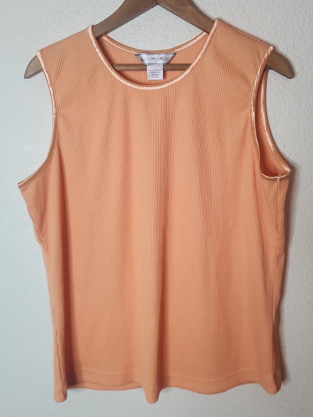 Allison Daley Ribbed Top LARGE Orange Sleeveless Satin Trim Scoop Neck 90s Y2k